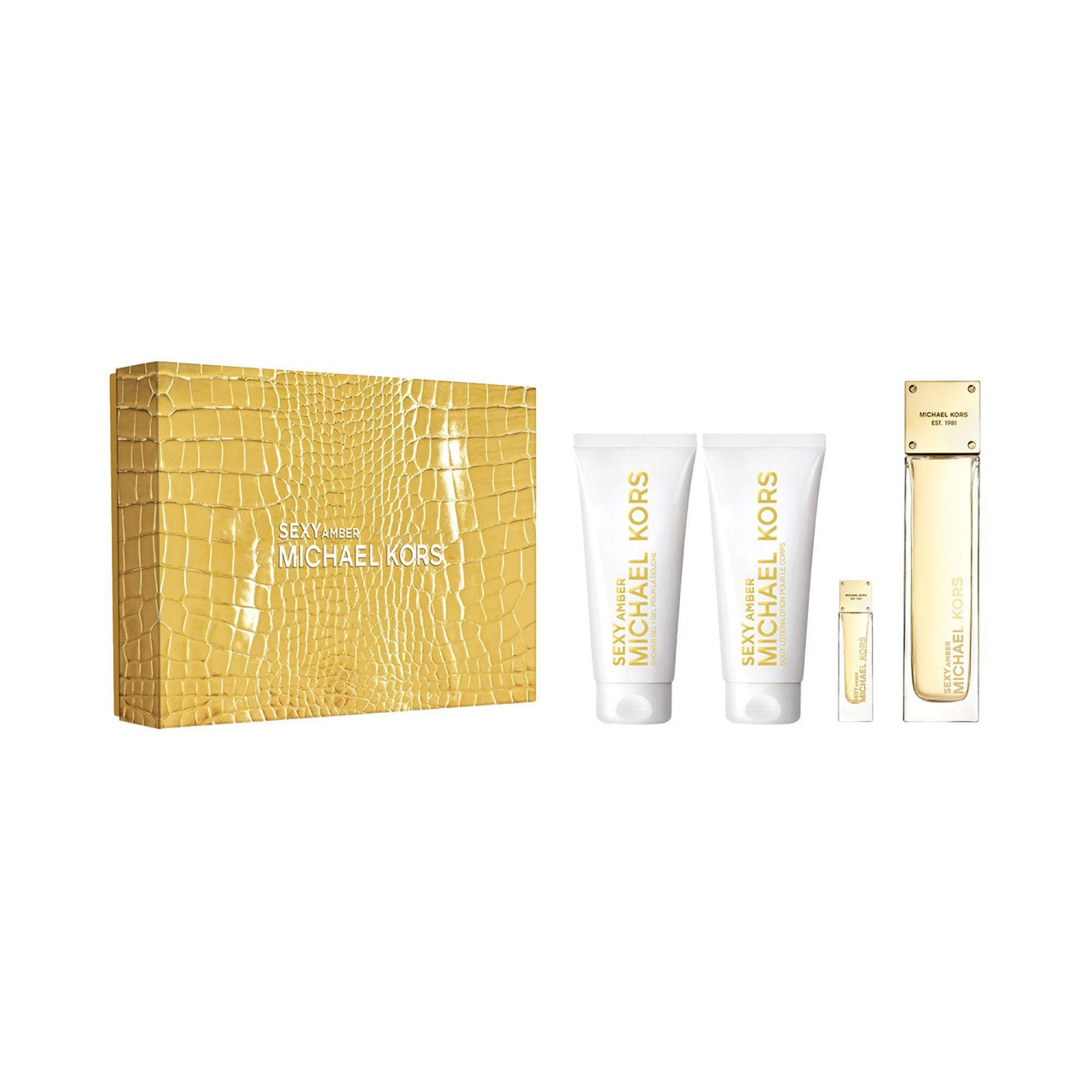 MICHAEL KORS SEXY AMBER 4 PCS SET FOR WOMEN: 3.4 EAU DE PARFUM SPRAY + 3.4 SHOWER GEL + 3.4 BODY LOTION + 0.17 EAU DE PARFUM